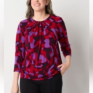 Liz Claiborne Red and Purple Lightweight Office Holiday Blouse